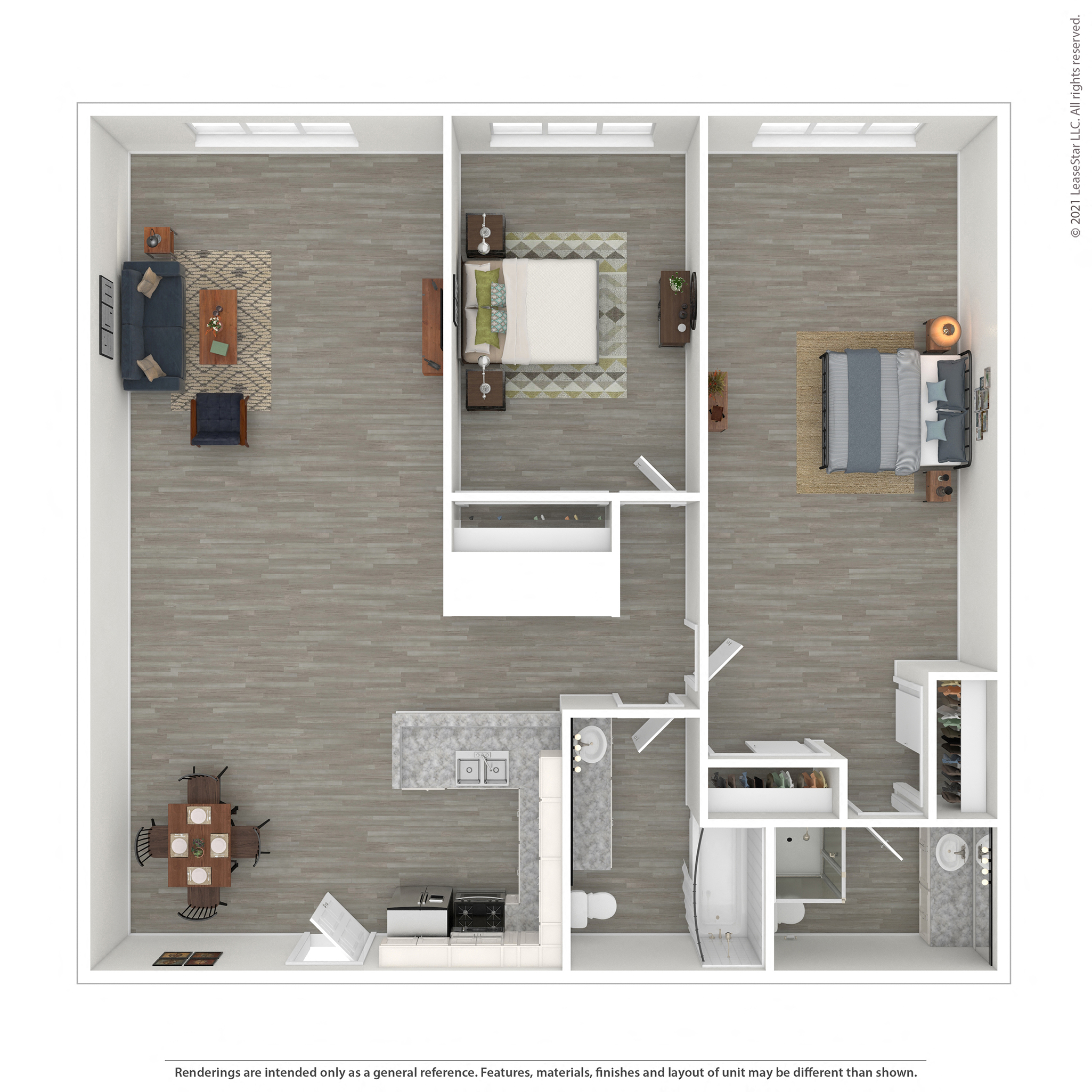 Floor plan for 2 beds, 2 baths, 950 sqft